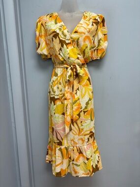Eclair Retro Floral Puff Sleeve Midi Dress Orange Yellow Brown Size M
